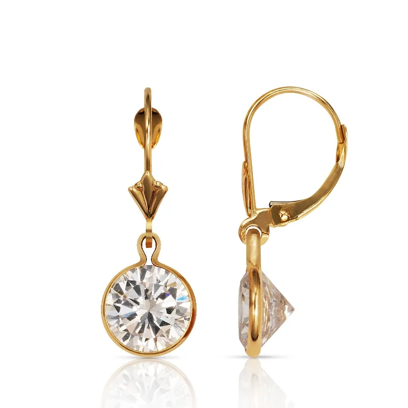 Curata Solid 14k Yellow Gold Birthstone Large Round Cubic Zirconia Bezel Dangle Leverback Earrings (8mm x 26mm)