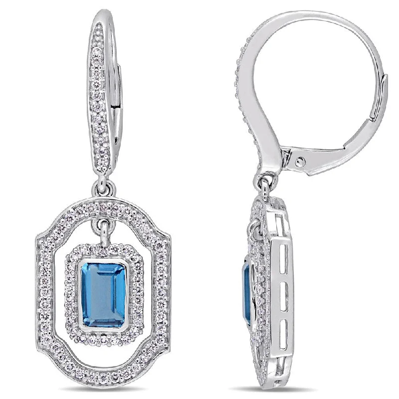 Miadora Signature Collection 14k White Gold Blue Topaz and 3/5ct Diamond Geometric Leverback Dangle Earrings