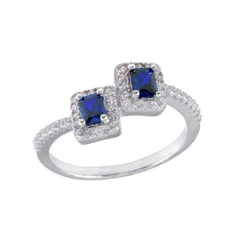 Rhodium Plated 925 Sterling Silver Double Square Blue Center CZ Ring - BGR01254BLU