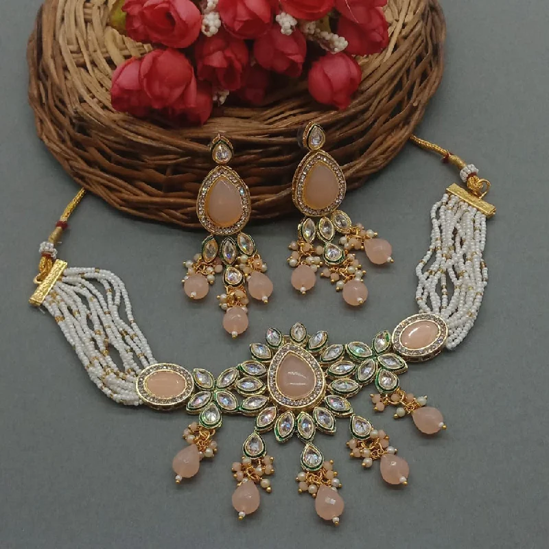 Gehana Mahal Gold Plated Crystal Stone And Pearls Choker Necklace Set