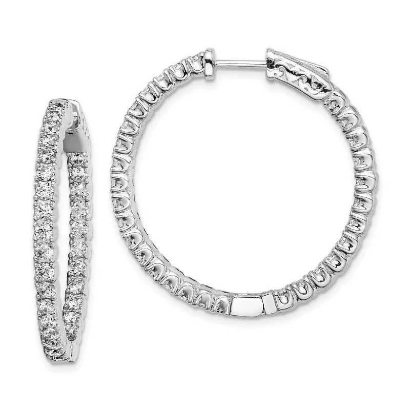 Curata 925 Sterling Silver Polished Safety clasp Rhodium Plated With CZ Cubic Zirconia Hinged Hoop Earrings