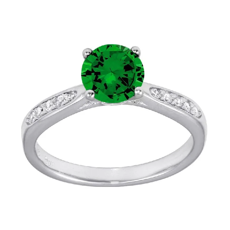 Rhodium Plated 925 Sterling Silver Round Green CZ Center Stone Ring - BGR01231GRN