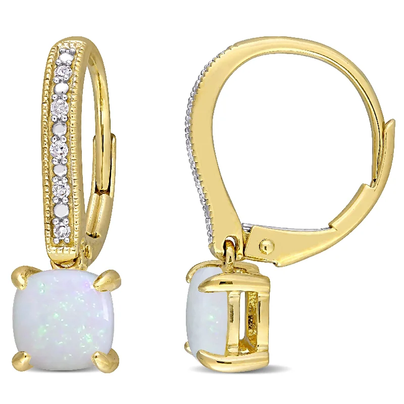 Miadora 10k Yellow Gold Opal and Diamond Accent Drop Leverback Earrings - 20 mm x 6.4 mm x 12.9 mm - 20 mm x 6.4 mm x 12.9 mm