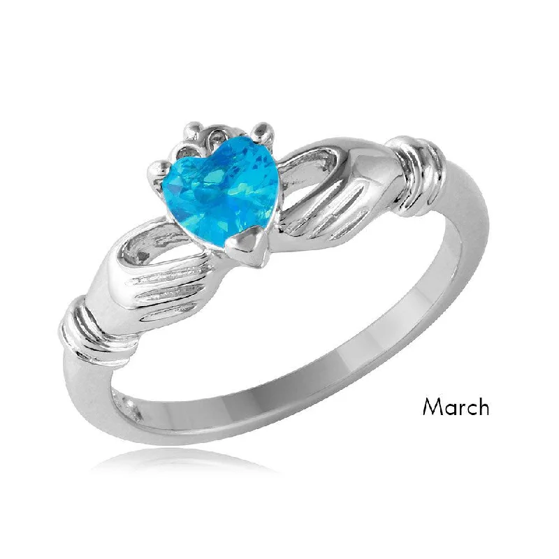 March Sterling Silver 925 Rhodium Plated CZ Center Birthstone Claddagh Ring - BGR01083MAR