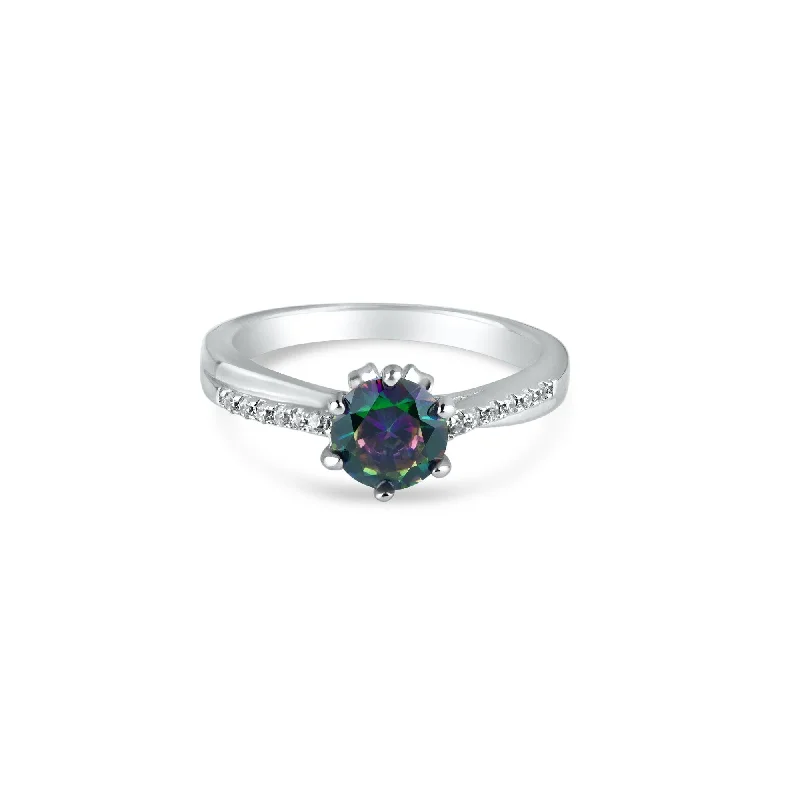 Rhodium Plated 925 Sterling Silver Round Mystic Topaz CZ Ring - BGR01264