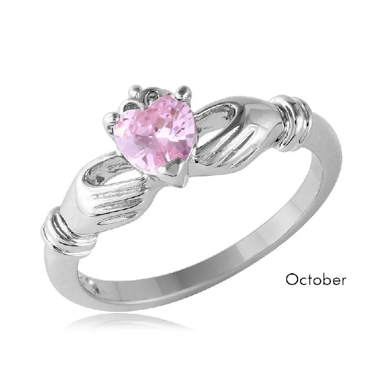 October Sterling Silver 925 Rhodium Plated CZ Center Birthstone Claddagh Ring - BGR01083OCT