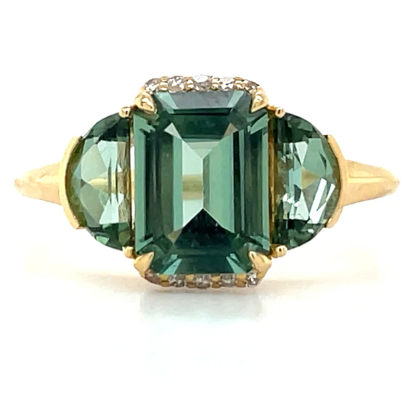 18ct Yellow Gold Earth Grown Emerald & Half Moon Cut Green Tourmaline & Diamond Ring