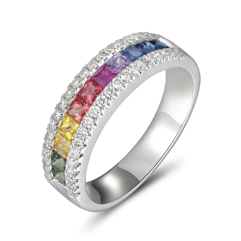 18ct white gold rainbow sapphire and diamond ring