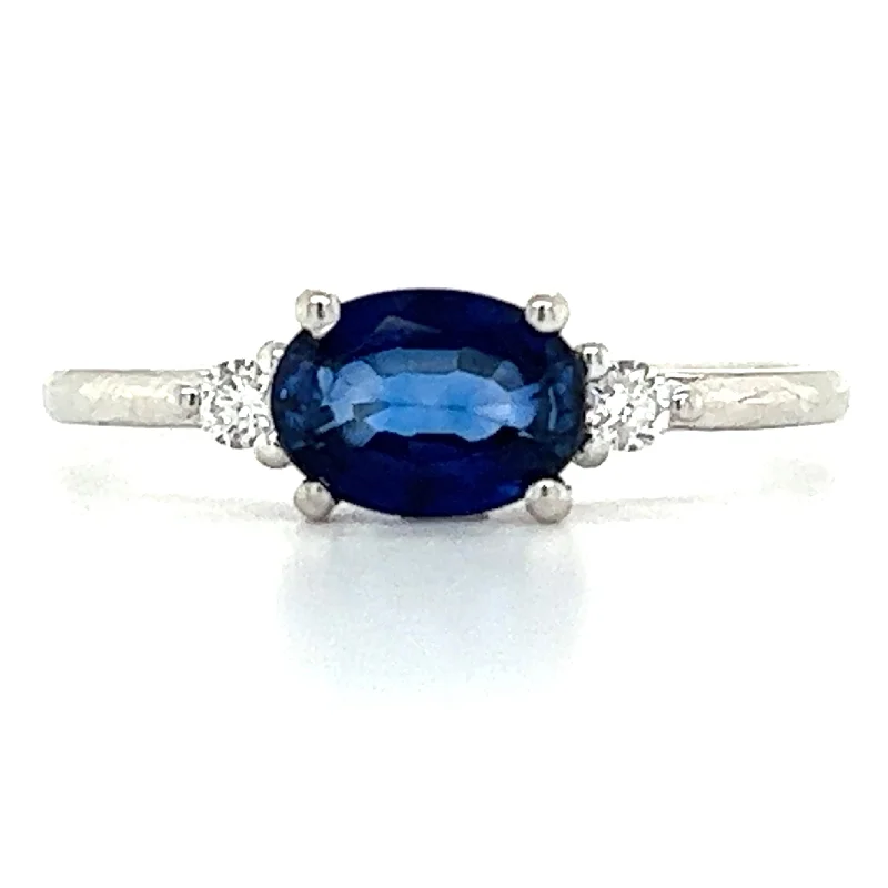 9ct White Gold Earth Grown Horizontal Oval Sapphire & Side Diamond Ring