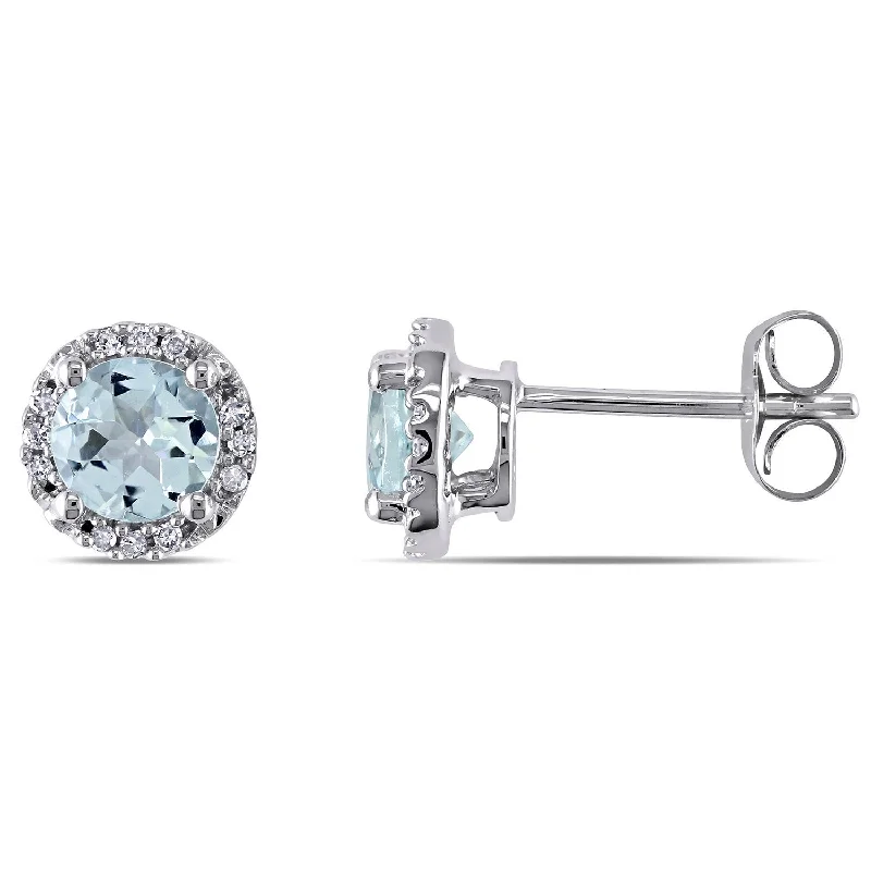 Miadora 10k White Gold Aquamarine and Diamond Halo Earrings (H-I, I2-I3) - Blue