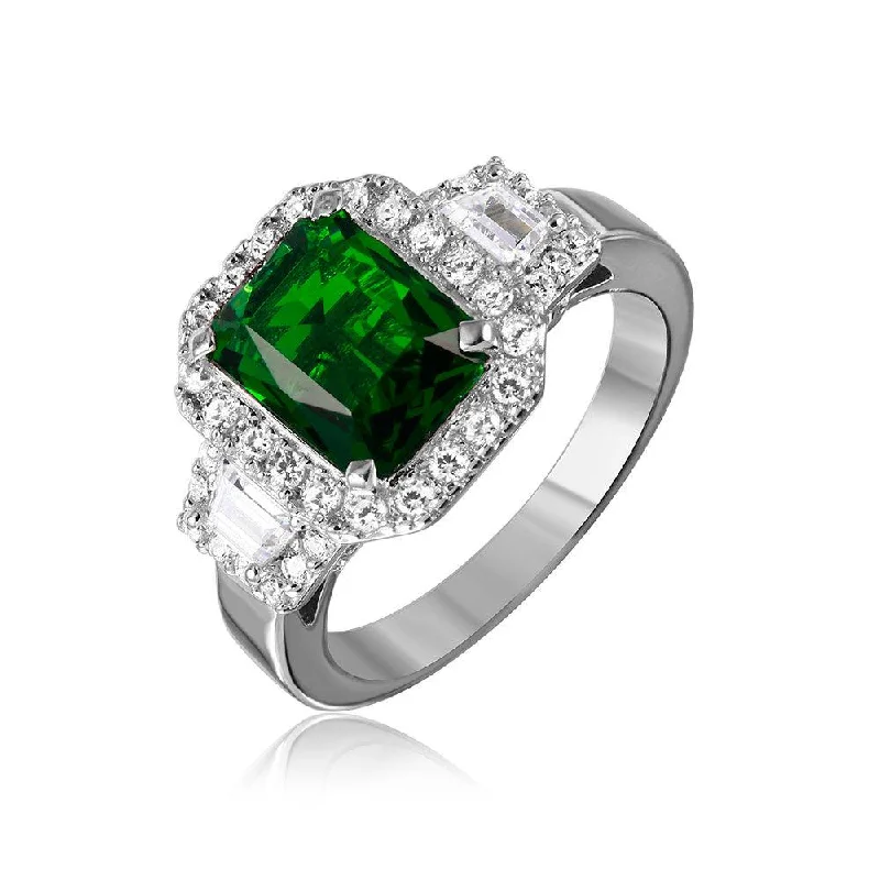 Silver 925 Rhodium Plated Green Emerald Cut Center CZ Stone Ring - GMR00101G