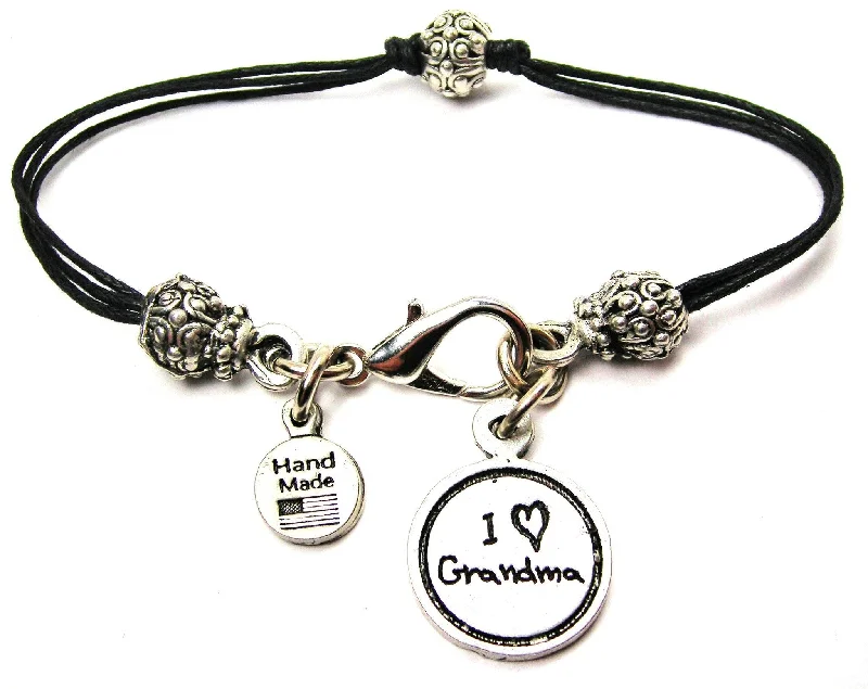 I Love Grandma Child Handwriting Beaded Black Cord Bracelet