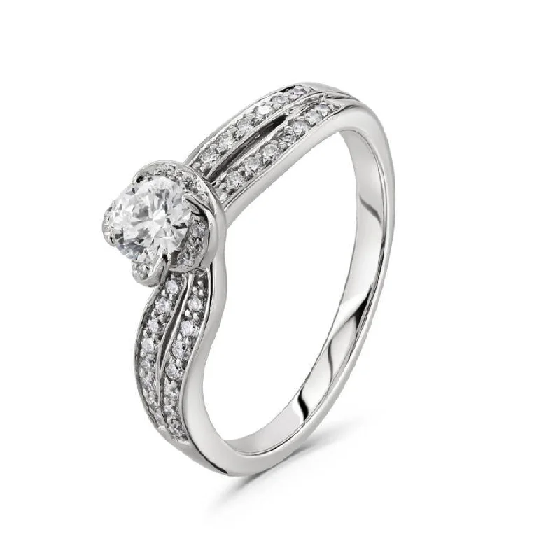 18ct White Gold Round Brilliant Cut Diamond Ring with 2-Row Diamond Shoulders