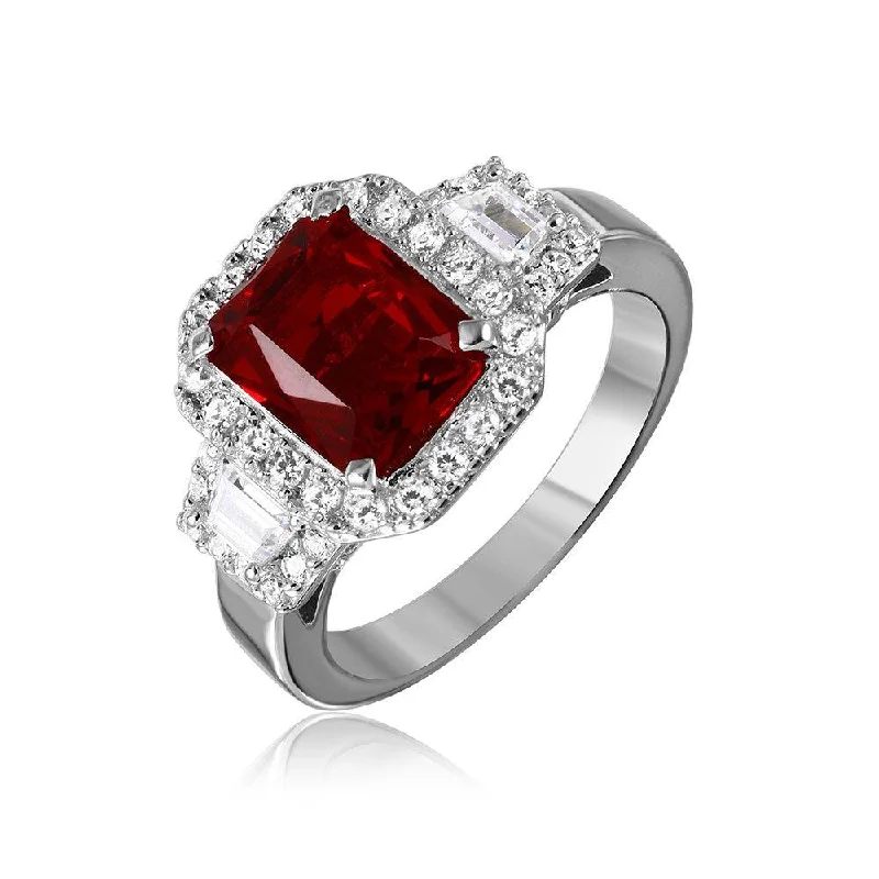 Silver 925 Rhodium Plated Red Emerald Cut Center CZ Stone Ring - GMR00101R