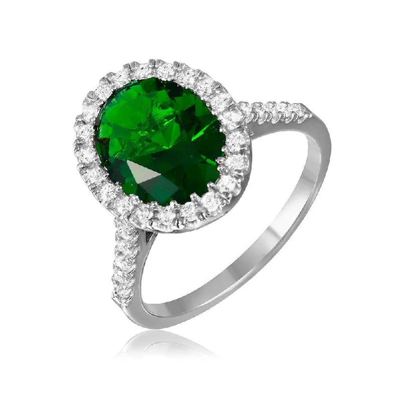 Silver 925 Rhodium Plated Green Oval Halo Ring with CZ Stones - GMR00099G