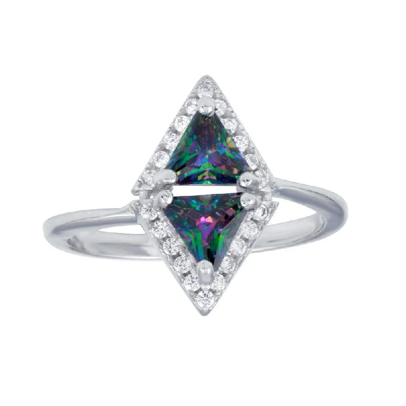 Rhodium Plated 925 Sterling Silver Diamond-Shaped Halo Mystic Topaz CZ Ring - BGR01265