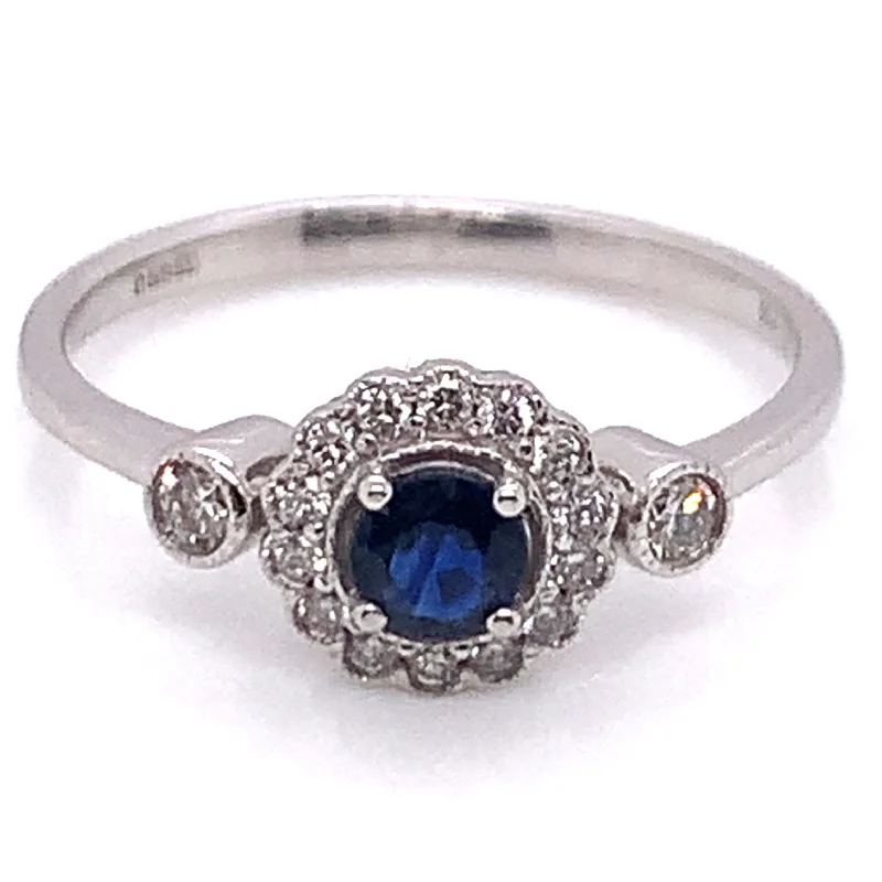 9ct White Gold Earth Grown Sapphire & Diamond Halo with 2 side Diamond Ring