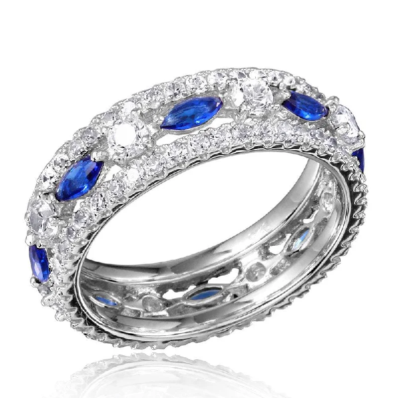 Silver 925 Rhodium Plated Band Encrusted with Clear and Blue CZ Stones - GMR00133S