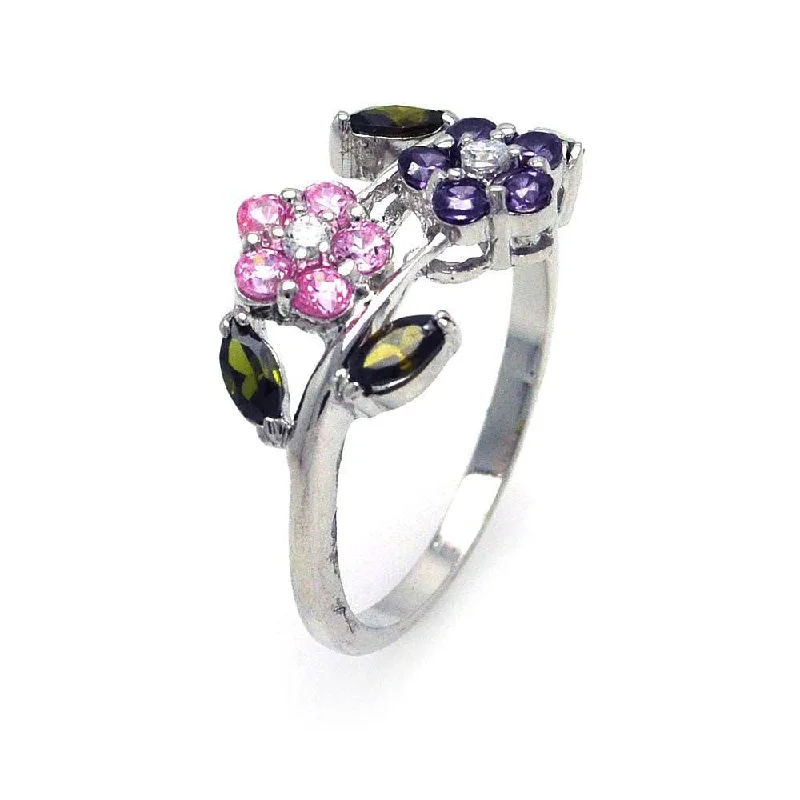 Silver 925 Rhodium Plated Multi Colored CZ Flower Ring - STR00509