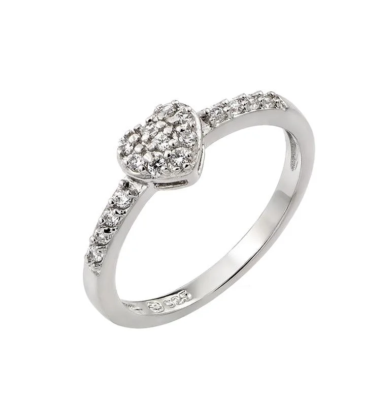 Rhodium Plated 925 Sterling Silver Clear Inlay CZ April Birthstone Heart Ring  - BGR00784APR