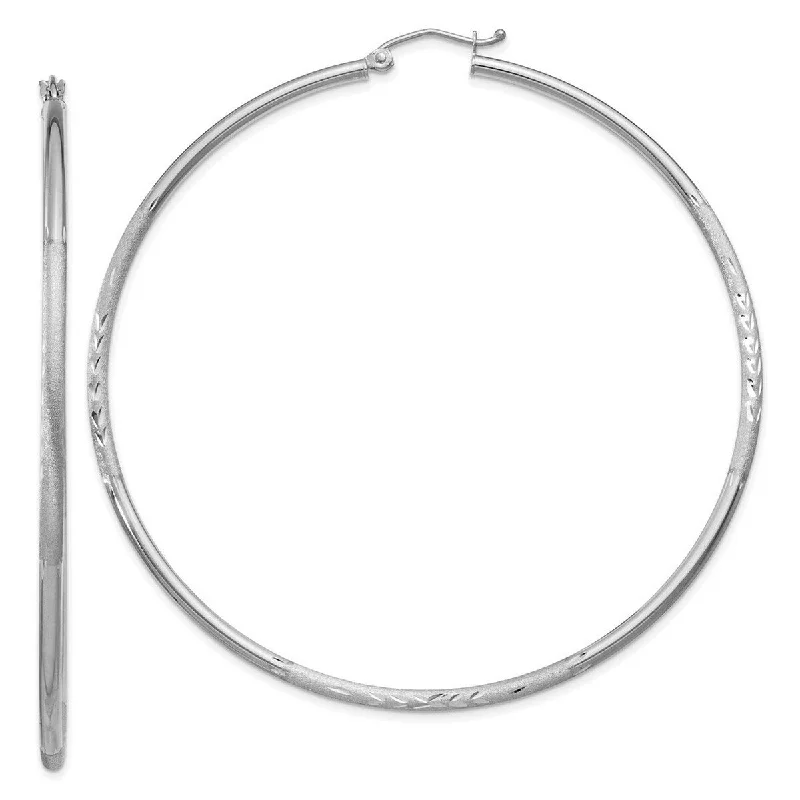 Curata 14k White Gold Satin and Sparkle Cut 60x2mm Round Hoop Earrings