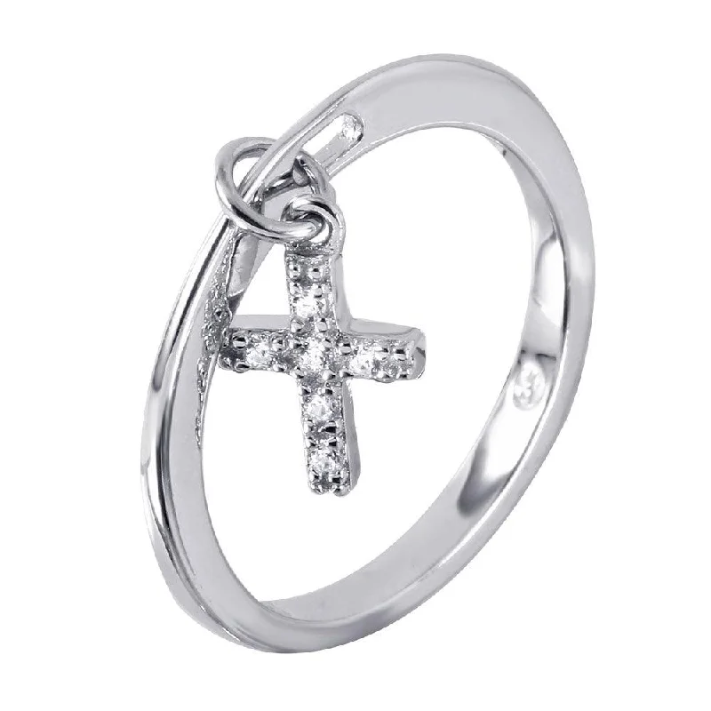 Silver 925 Ring Dangling Cross with CZ Accents - BGR00939