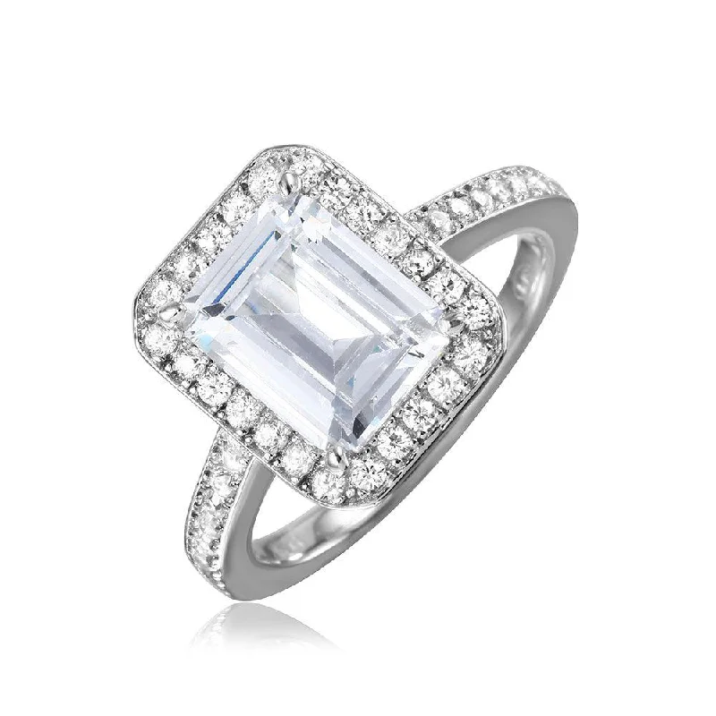 Silver 925 Rhodium Plated Emerald Cut Halo Ring - GMR00082