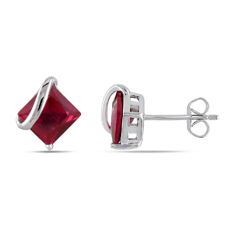 Miadora 10k White Gold Square Created Ruby Earrings