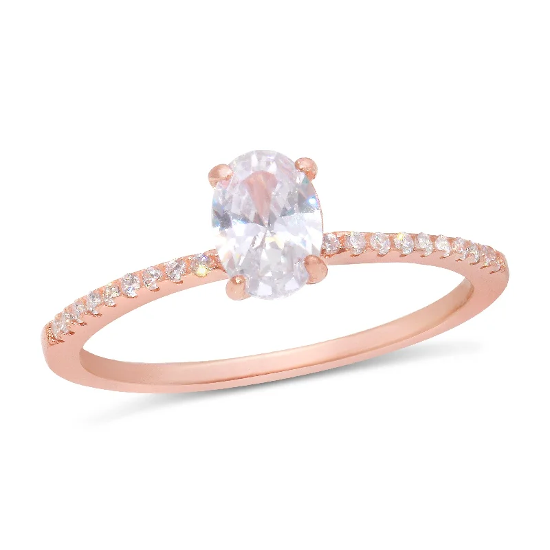 Rose Gold Plated 925 Sterling Silver Center Oval CZ Stone Ring - BGR01178RGP