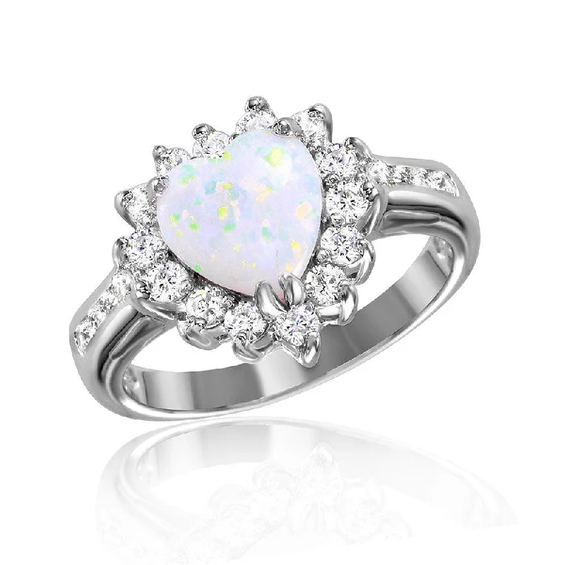 Silver 925 Rhodium Plated Halo Heart with Synthetic Opal Center Stone Ring - BGR01026