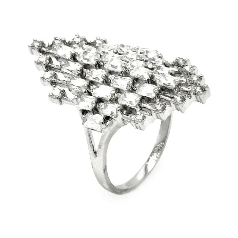 Silver 925 Rhodium Plated Clear Baguette and Round CZ Diamond Shaped Ring - BGR00441