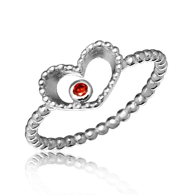 Silver 925 Rhodium Plated Open Heart Ring with Red CZ - STR01055