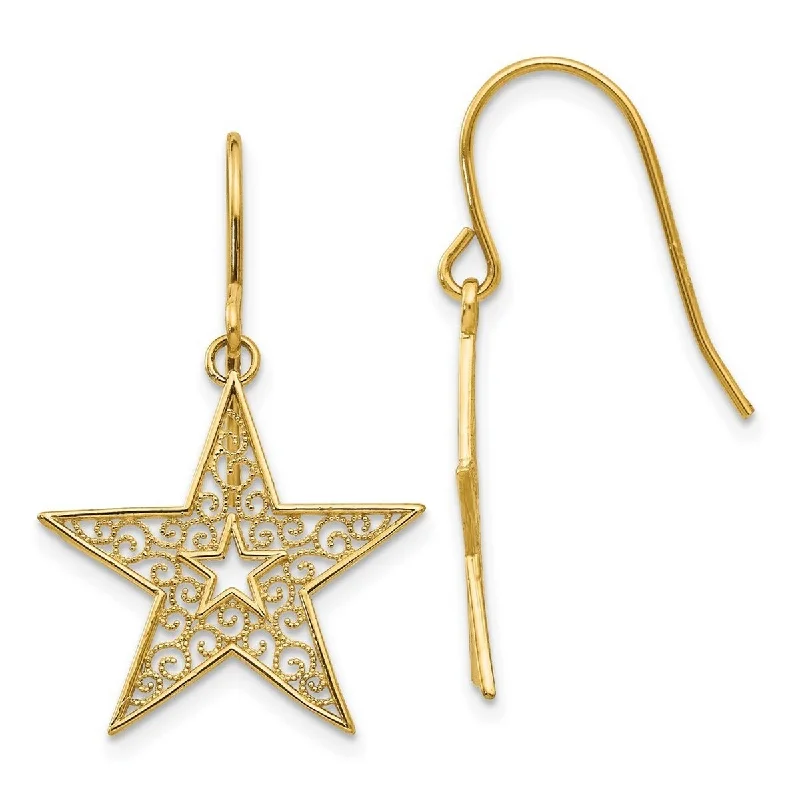 Curata 14k Yellow Gold Dangle Textured Polished Filigree Star Hook Earrings 31x19mm Wide