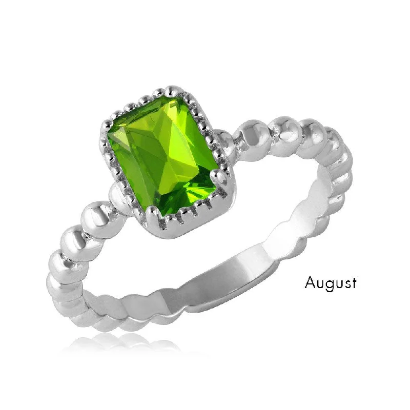 August Sterling Silver 925 Rhodium Plated Beaded Shank Square Center Birthstone Ring - BGR01081AUG