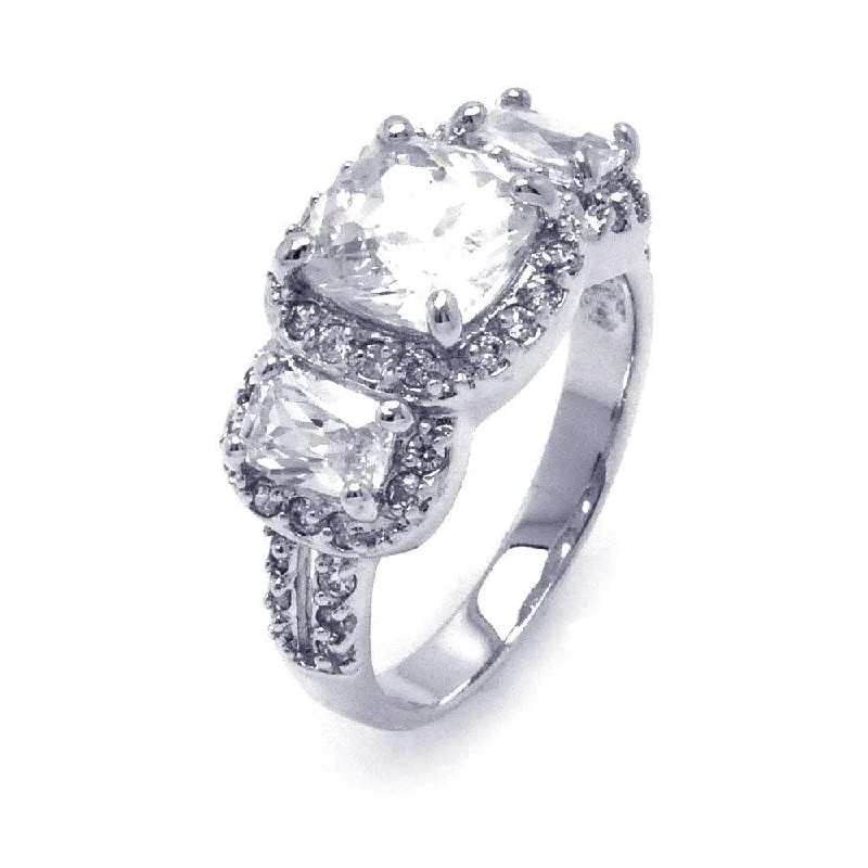 Silver 925 Rhodium Plated Clear Square Cluster CZ Past Present Future Ring - BGR00252