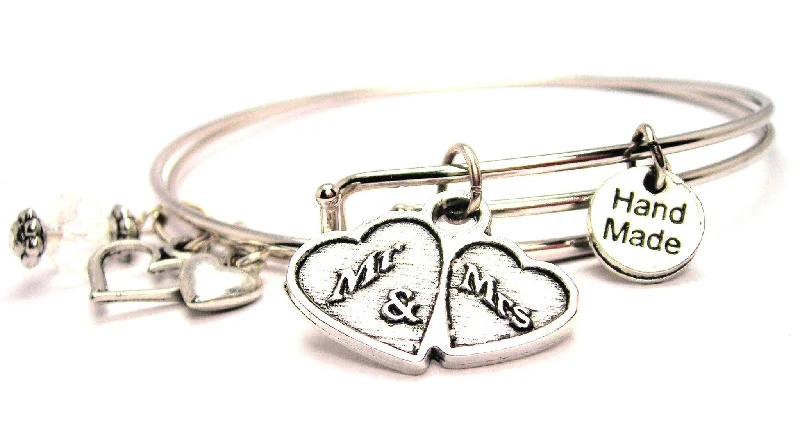 Mr. & Mrs. Double Hearts Expandable Bangle Bracelet Set