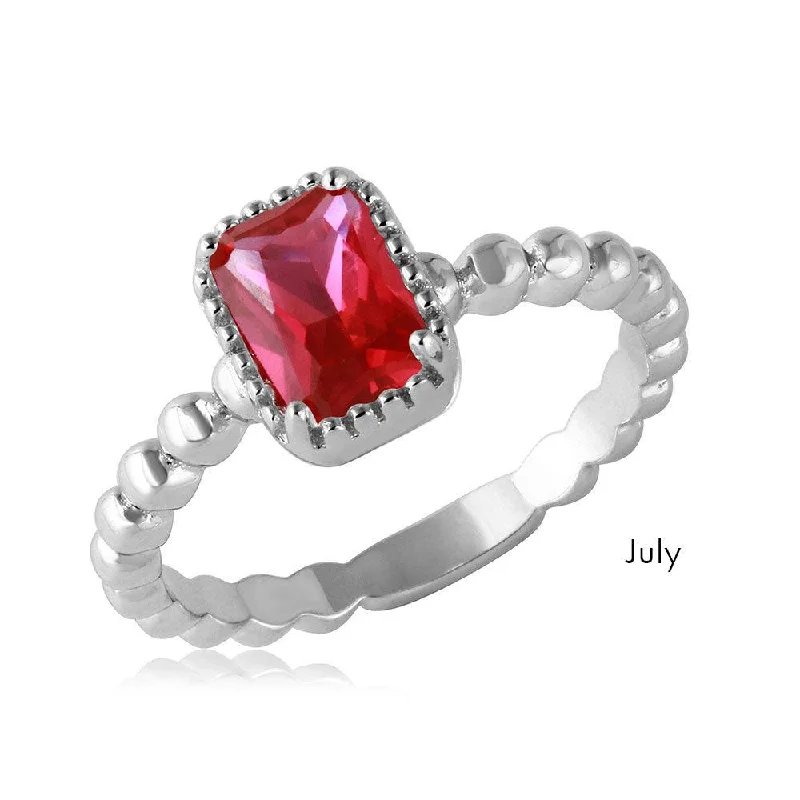 July Sterling Silver 925 Rhodium Plated Beaded Shank Square Center Birthstone Ring - BGR01081JUL