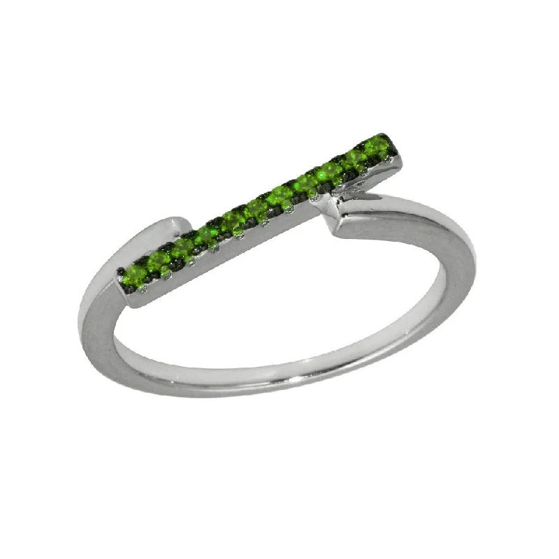 Rhodium Plated 925 Sterling Silver Green CZ Bar Ring - BGR01234GRN