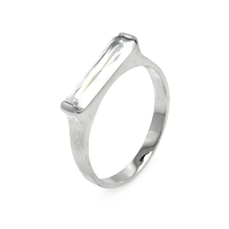 Clearance-Silver 925 Rhodium Plated Long Clear CZ Bar Ring - BGR00003CLR